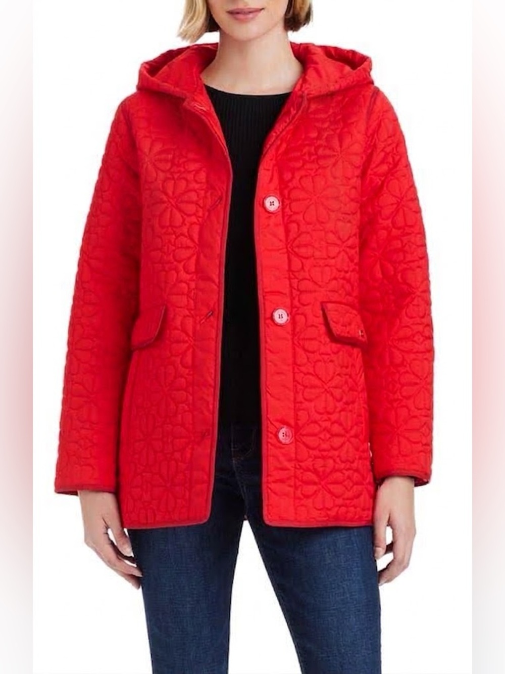 Esprit Red Quilted Pattern Hooded Jacket Coat Size Medium